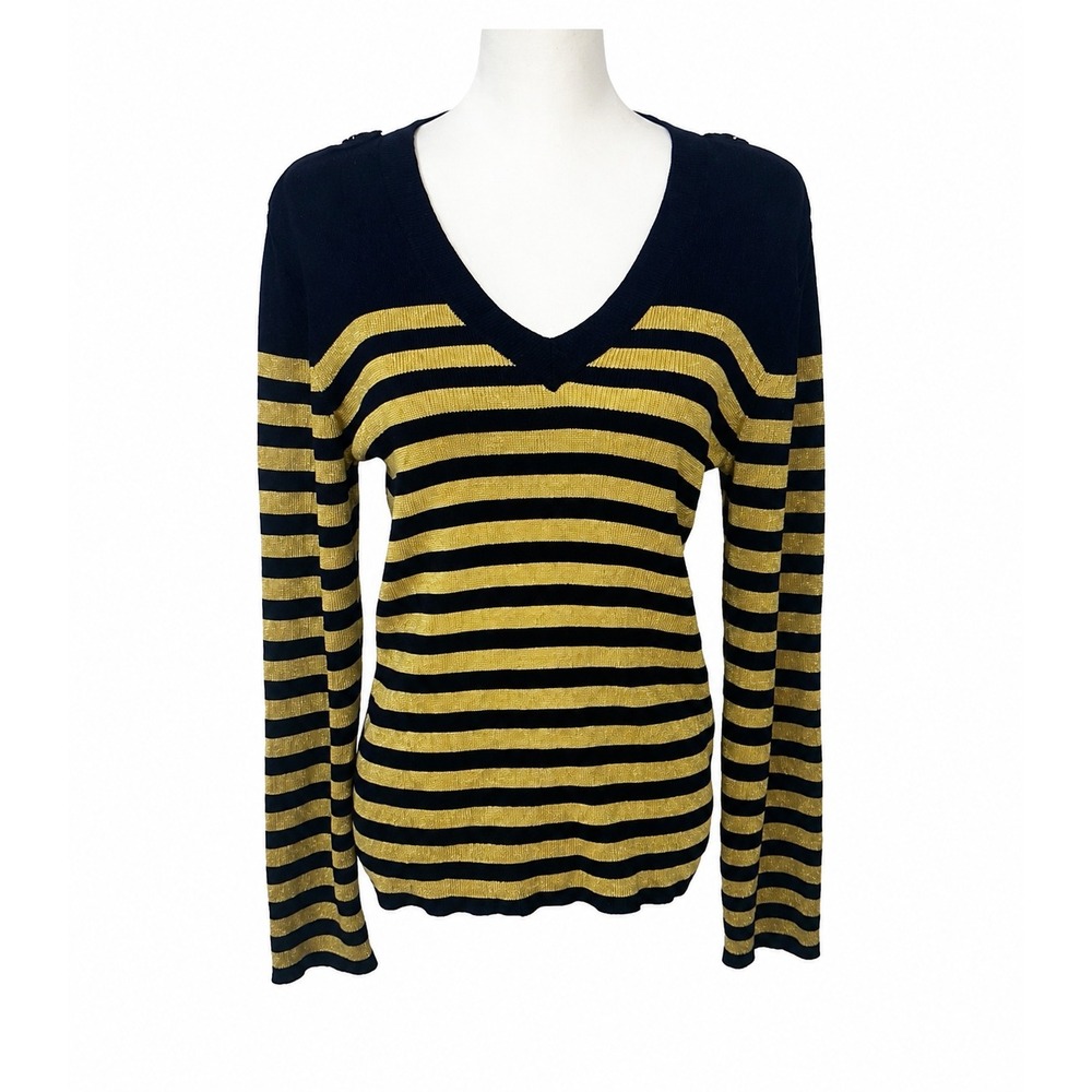 Lauren Ralph Lauren Sweater Women L Navy Gold EUC Striped Metallic VNeck Epaulet
